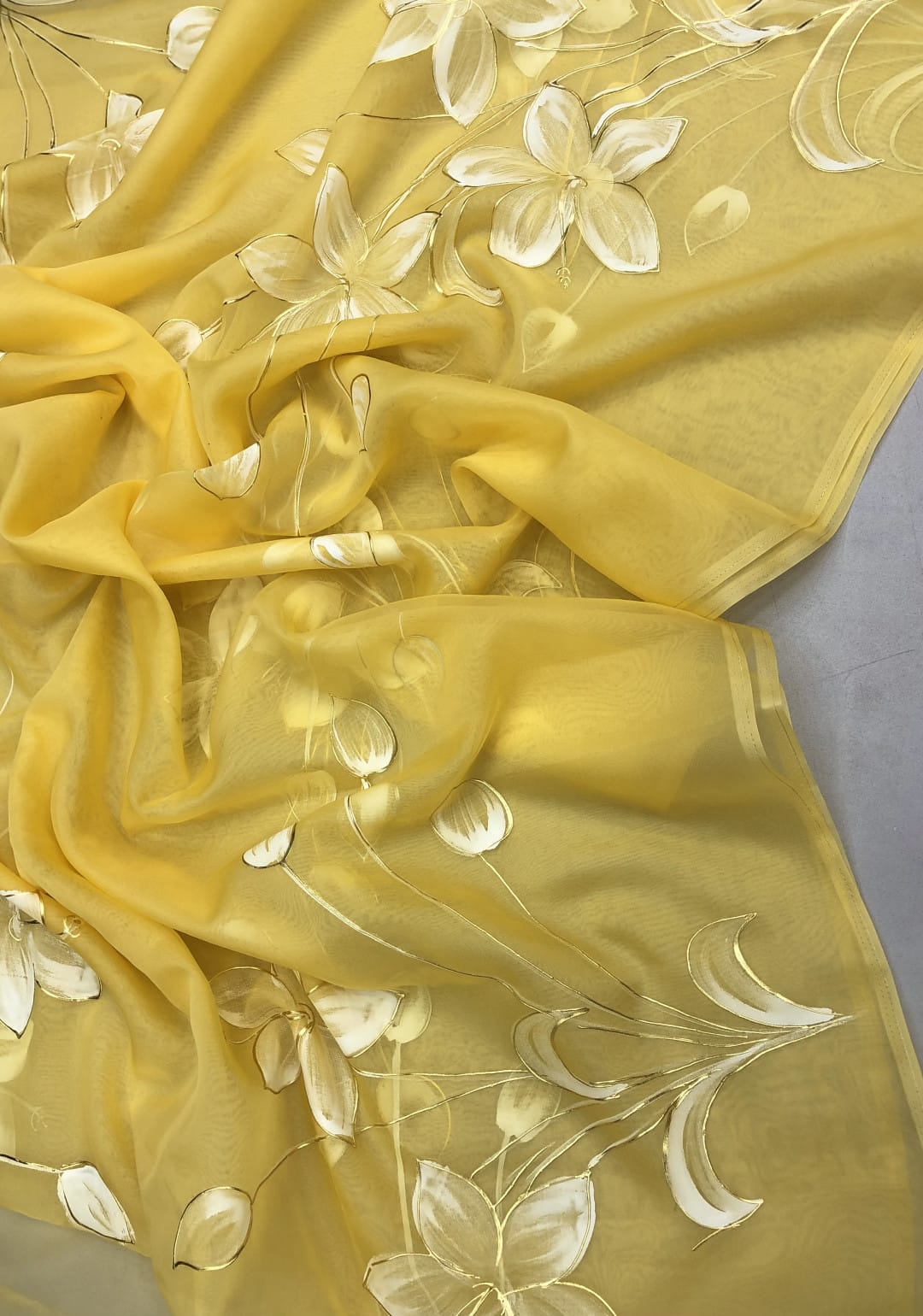 Yellow Organza Saree with White Floral Embroidery