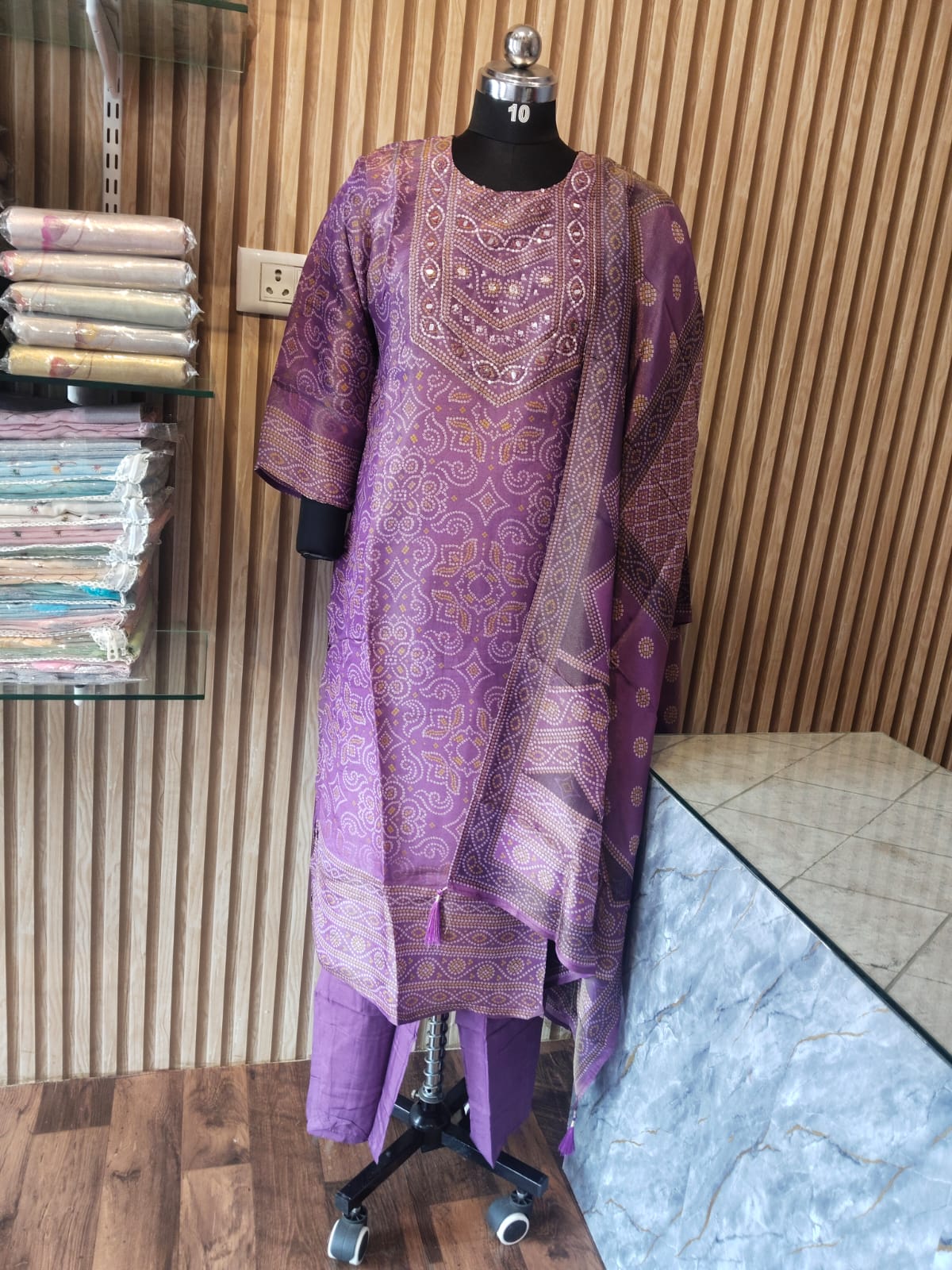 Bandhani Print Raw Silk 3-Piece Suit Set