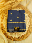 CREPE SILK Ink Blue  & Golden Peacock Motifs Saree