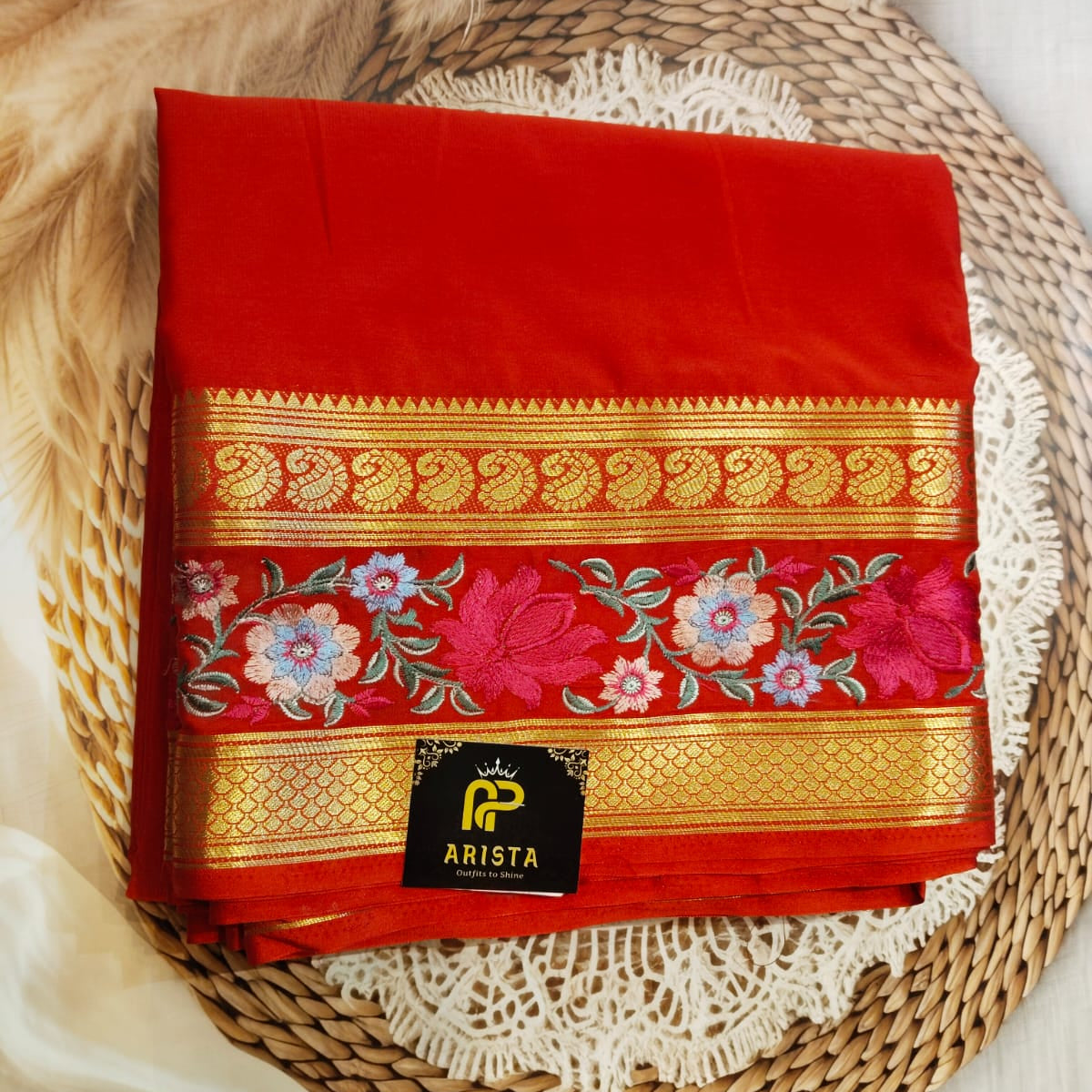 Semi Crepe Silk Red with Embroidery