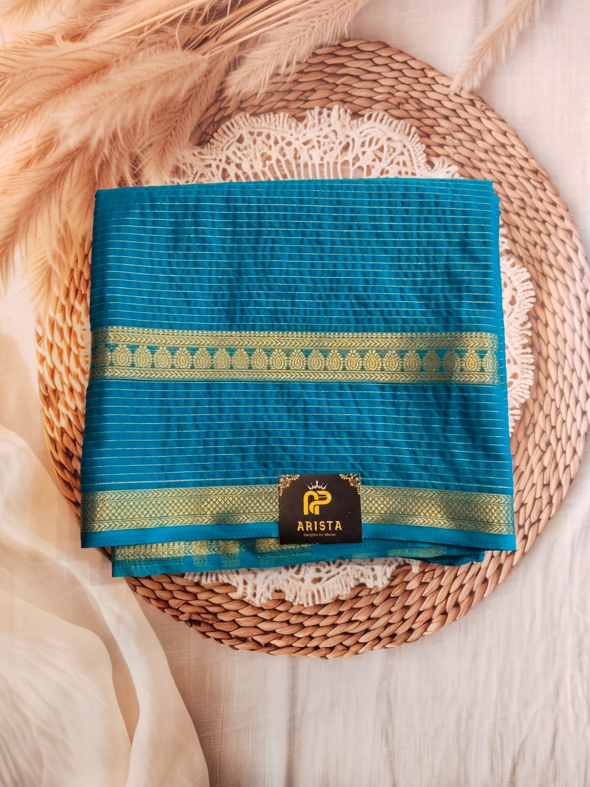 Crepe Silk Ramagreen//blue with Golden Stripes Saree