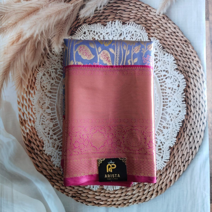 Semi Kanchipuram Tissue Silk Saree Premium Navy Blue & Pink