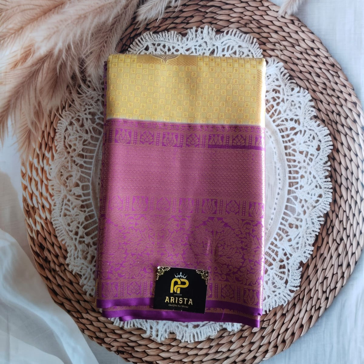 Semi Kanchipuram silk Yellow with Purple Border Saree