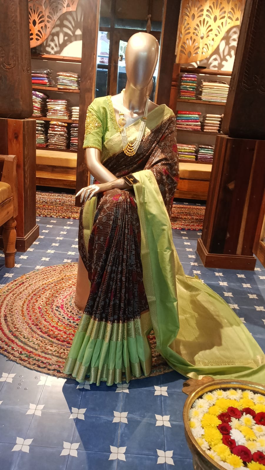 Semi Crepe Silk Saree -BROWN & LIGHT GREEN