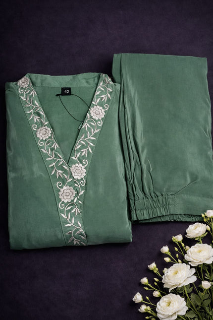 Green co ord set with Embroidery