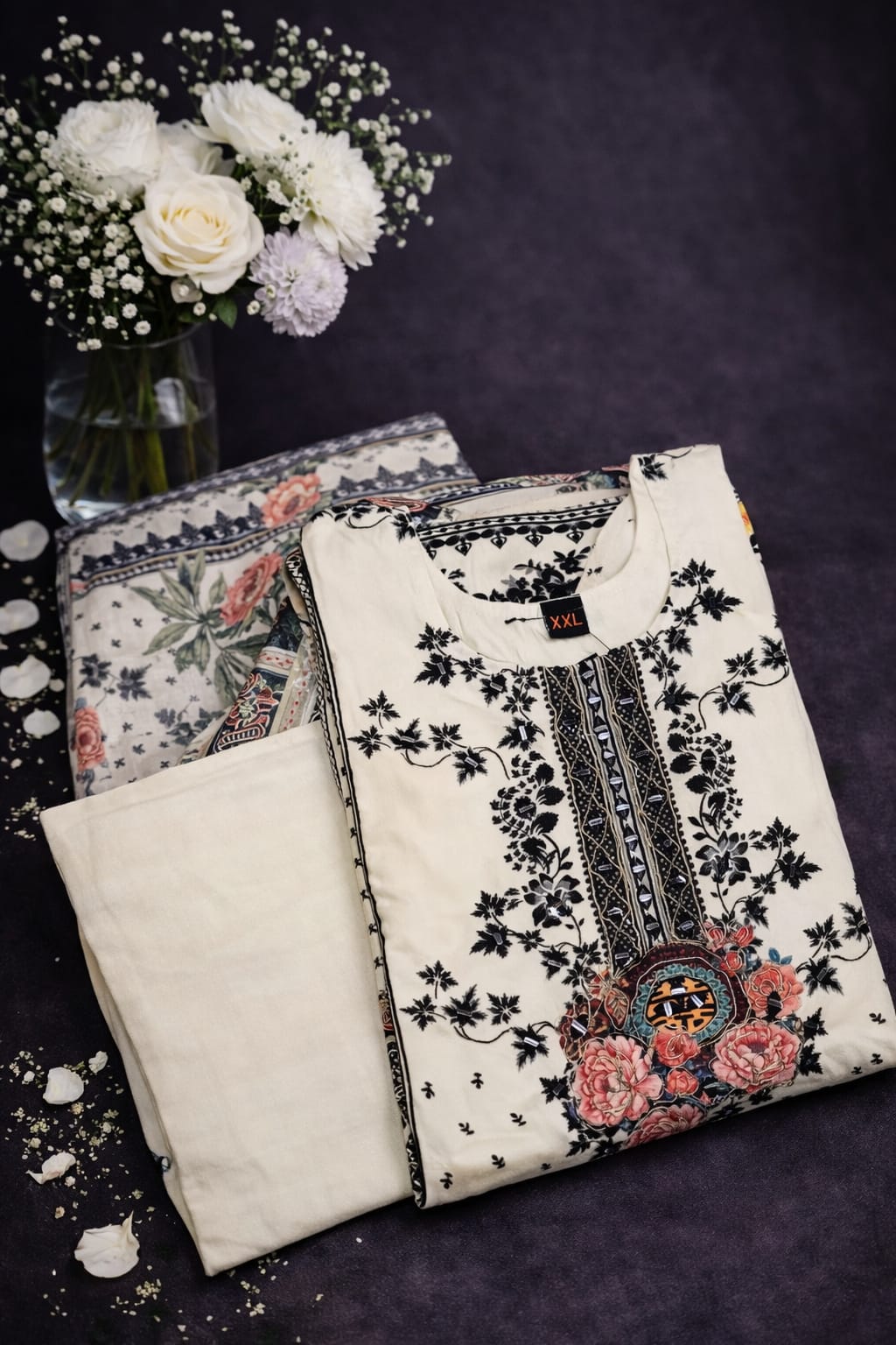 White Crepe Silk Floral Print Suit Set