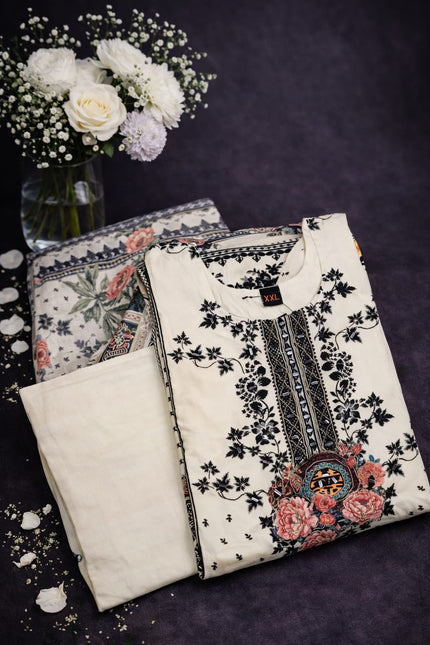White Crepe Silk Floral Print Suit Set