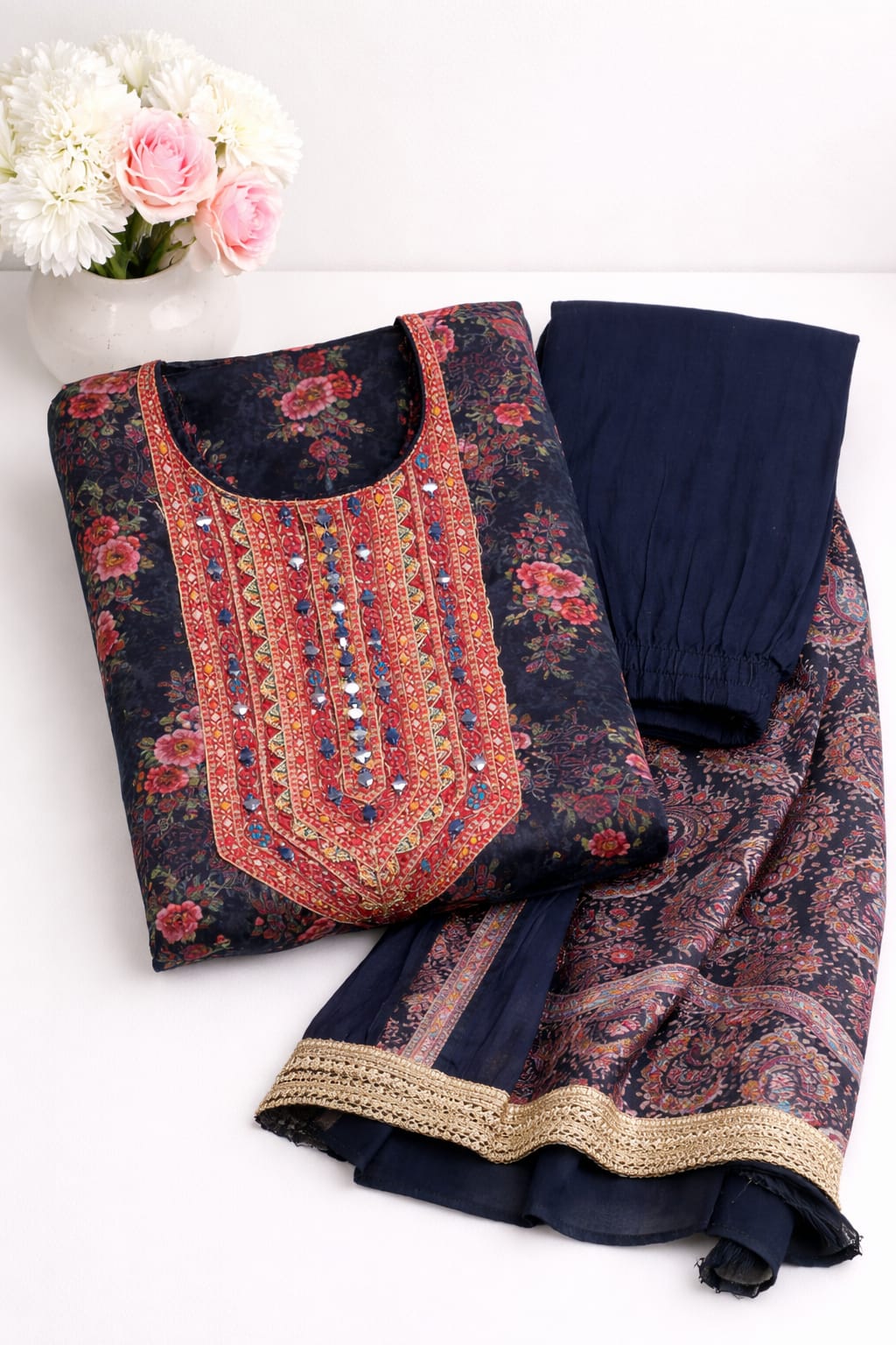 Crepe silk Black with floral print mirror work
