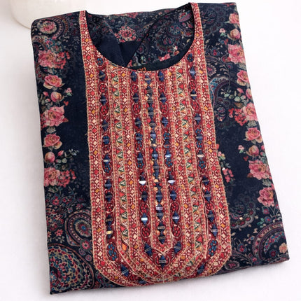Crepe silk Black with floral print mirror work
