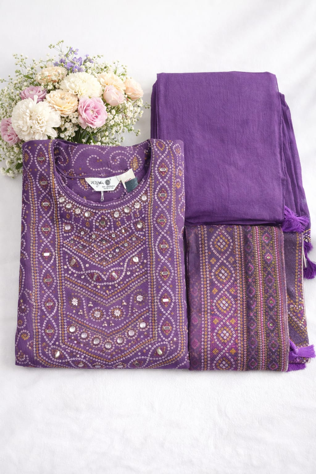 Bandhani Print Raw Silk 3-Piece Suit Set