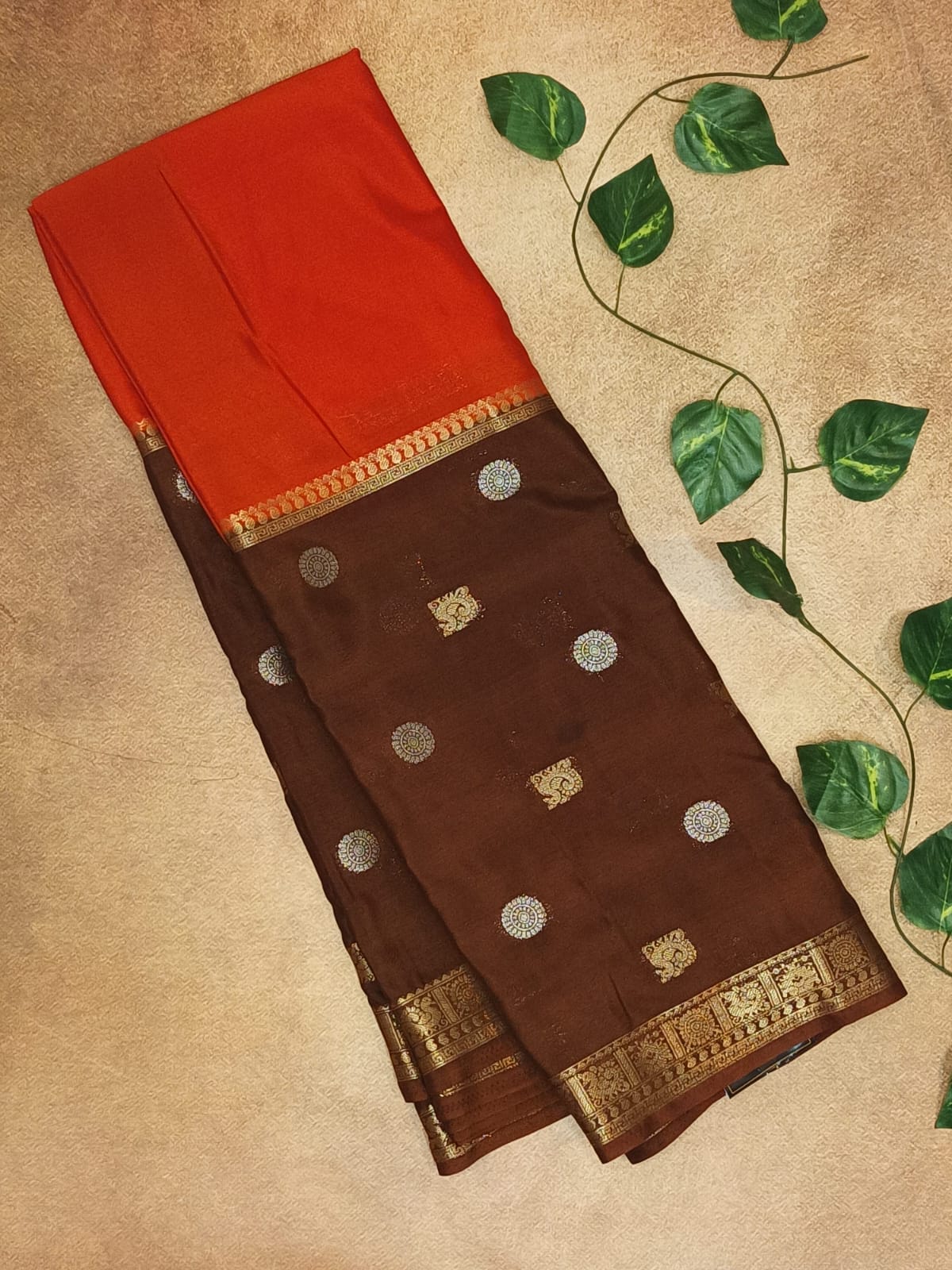Semi Crepe Silk Saree – Rust Orange with Traditional Zari Border