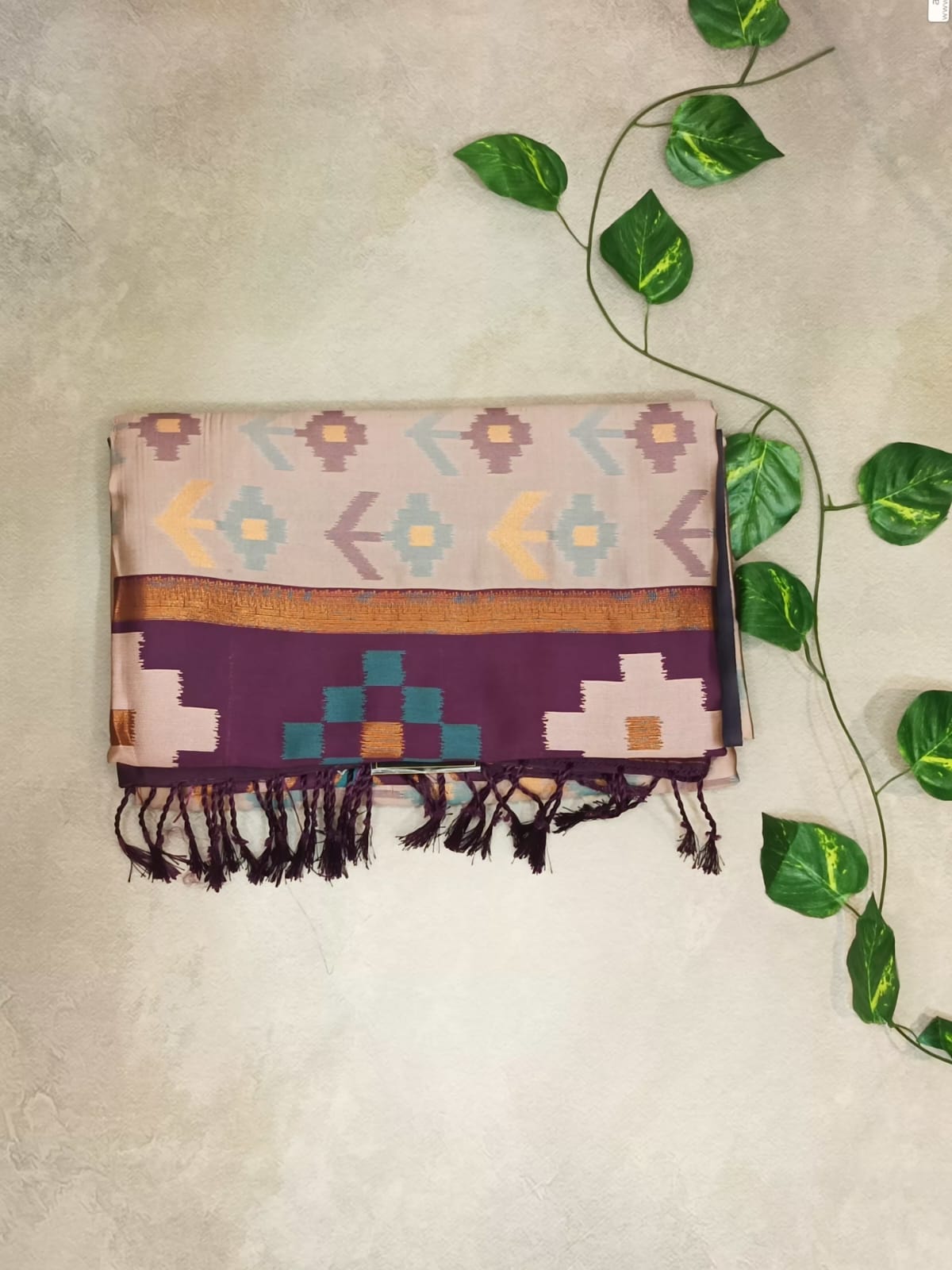 Soft Silk Pochampally Ikat Saree with Contrast Pallu & Tassels
