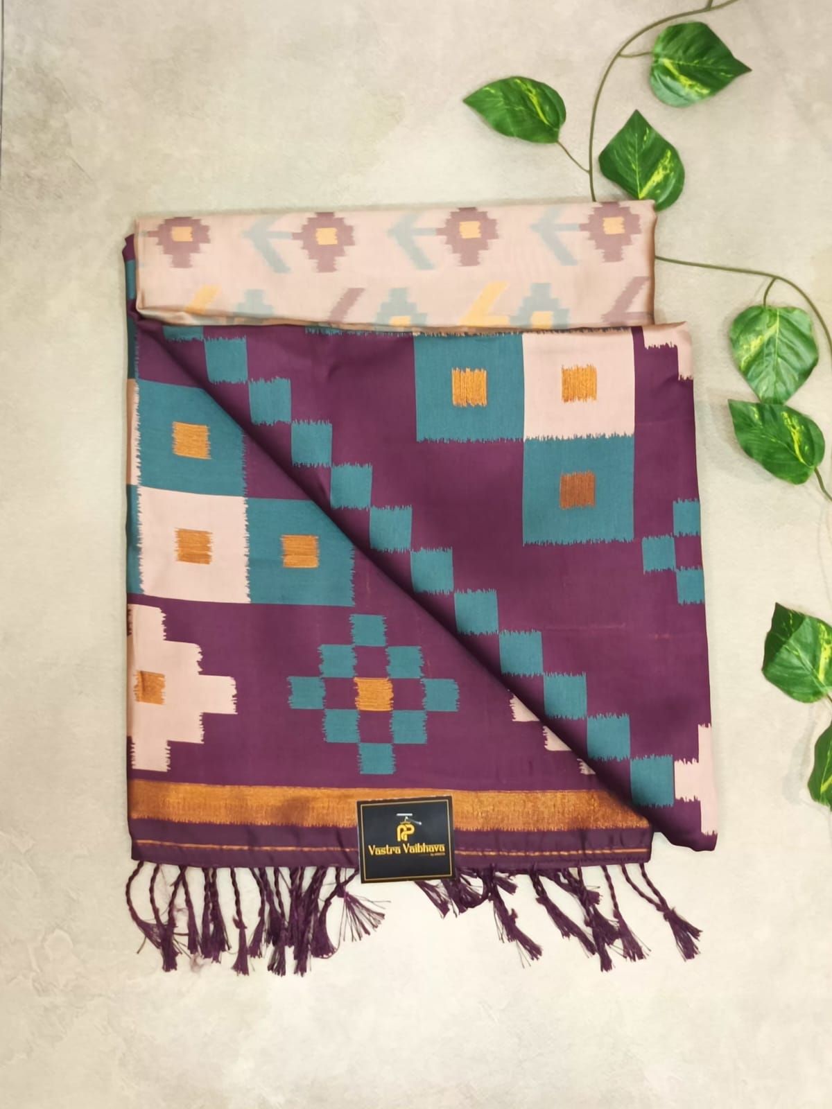Soft Silk Pochampally Ikat Saree with Contrast Pallu & Tassels