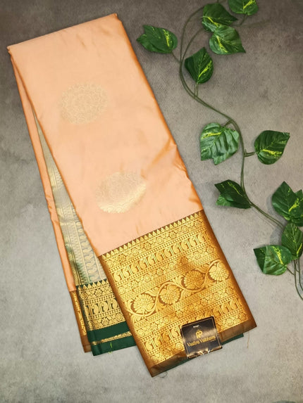 Semi Kanchipuram Silk Saree – Peach & Bottle Green Contrast