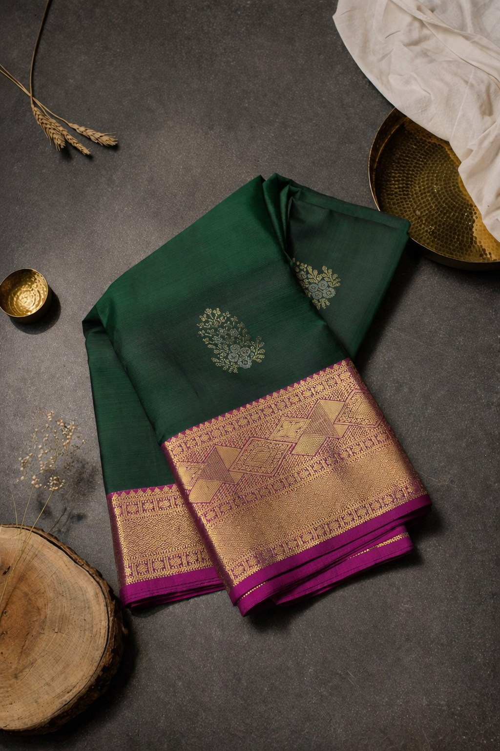 Pure Kanchipuram 1 Gram Gold Zari Saree - DARK GREEN