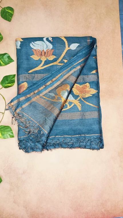 Pure Matka Tissue Silk Saree-Scarlet Teal blue