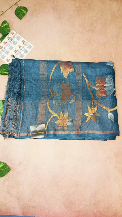 Pure Matka Tissue Silk Saree-Scarlet Teal blue